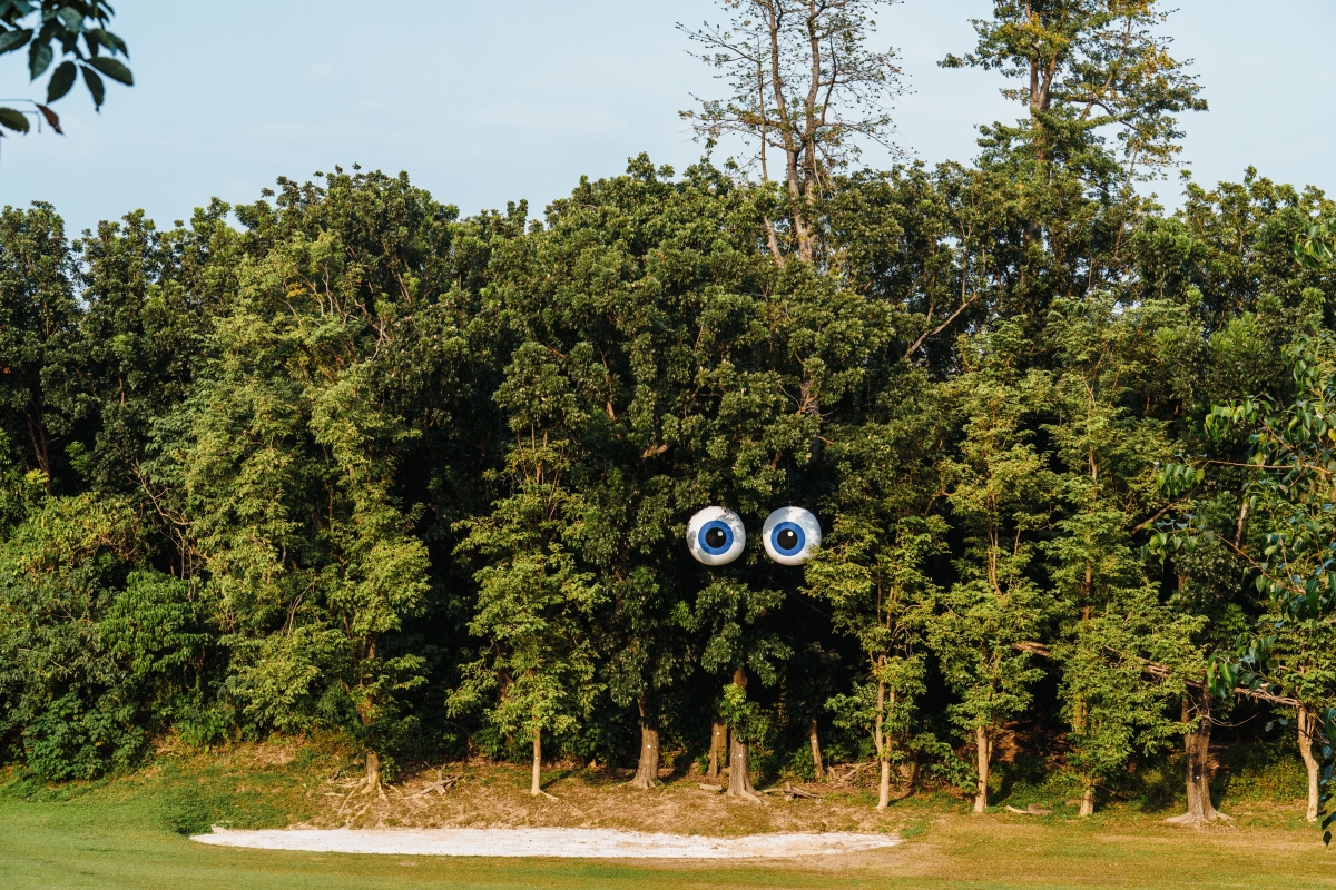 英國藝術家痞子路克（Filthy Luker）的作品《果嶺大眼睛》，為果嶺自然公園帶來一處充滿驚喜的奇幻景象。（圖片提供：高雄市文化局）
