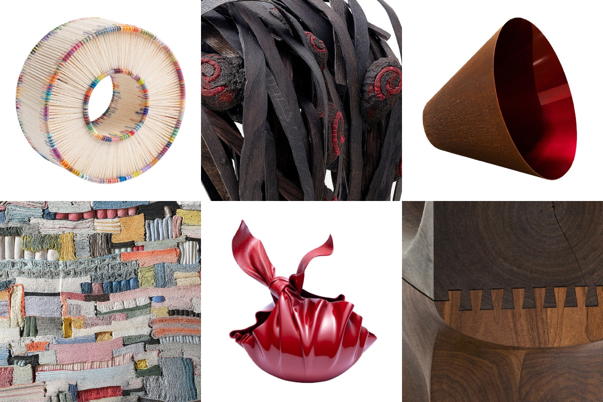 30組入圍終選的作品涵蓋諸多媒材和工藝類型。圖由左至右依序為許維麟《無盡》、Somyeong Lee《物質紀事》、Jobe Burns《傾置之器》（上排）；Jongjin Park《幻象地層》、隗楠《結・愛》、Jong In Lee《梭柱》（下排）。（圖片提供：Loewe）