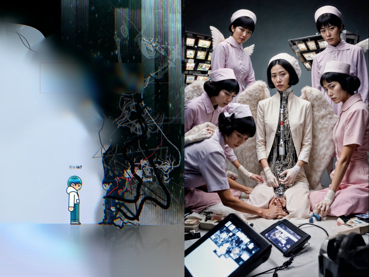 左：AOTM (Art of This Millennium)，DeeKay〈R U OK?〉，2025（影片截圖）。（圖片提供：藝術家與 AOTM）｜右：√K Contemporary，Emi Kusano〈Ornament Survival - Nursing the Machine〉，2026。（圖片提供：√K Contemporary）