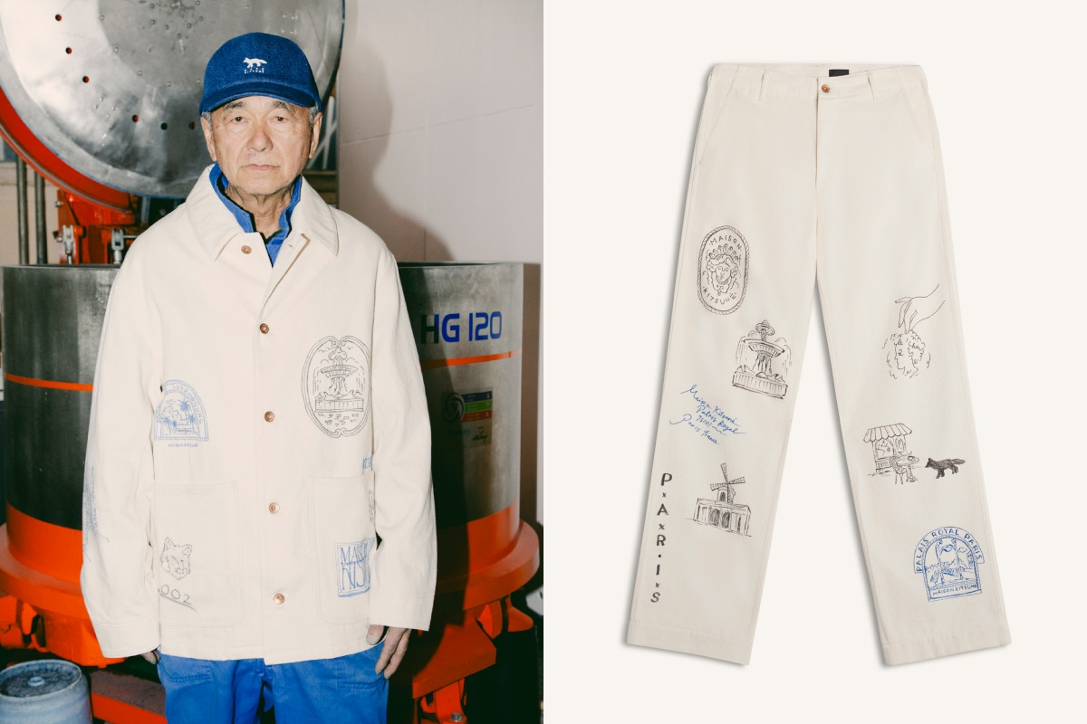 KURO品牌工匠著用羊皮紙白旅遊札記工裝外套，參考價格 NT$31,500（左）；同款長褲，參考價格 NT$26,600（右）。（圖片提供：Maison Kitsuné）