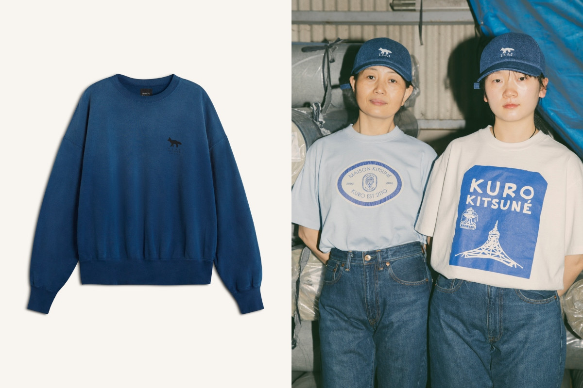 井深藍暗影狐狸Logo大學T，參考價格 NT$11,200（左）；KURO品牌工匠著用寶寶藍聯名Logo短T及羊皮紙白聯名Logo短T，參考價格 NT$5,500 / NT$5,500（右）。（圖片提供：Maison Kitsuné）