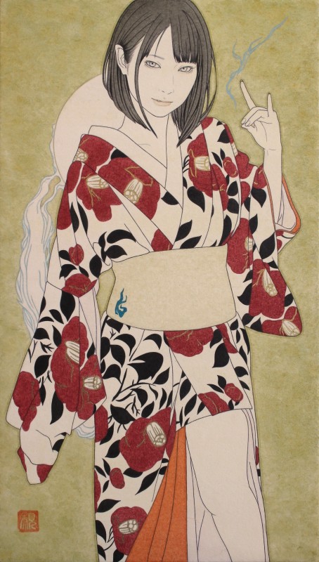 銀座獺畫廊_九鬼匡規（Masachika KUKI）)_狐火_壓克力顏料、和紙_33.3x19cm_2025