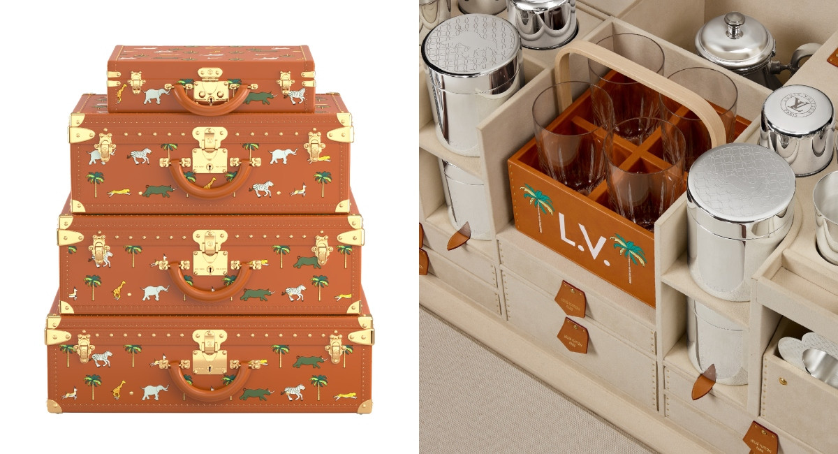 多款動物和棕櫚樹印花硬箱汲取靈感自電影《大吉嶺有限公司》；右為野餐旅行箱，參考價格 NT$4,050,000。（圖片提供：Louis Vuitton）