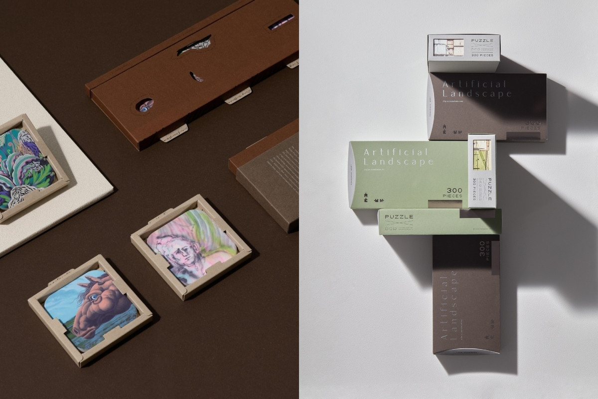 如《無明》聯展杯墊（左）、《人造風景》聯展拼圖（右）等。（圖片提供：毓繡美術館）