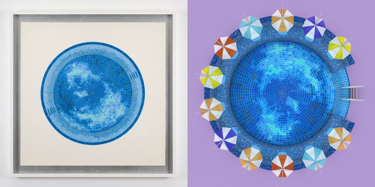 左：〈夢見游泳池（十二）〉，2024-25年。（圖片提供：安全口畫廊及藝術家）｜右：〈靡靡摩摩池〉，2026年。（圖片提供：安全口畫廊及藝術家）