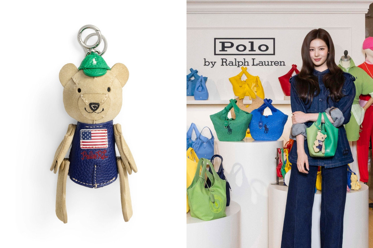 Sana以綠拼色皮革小型托特包搭配同系列吊飾；Polo Play小熊吊飾（腰果色），參考價格 NT$6,880。（圖片提供：Polo Ralph Lauren）