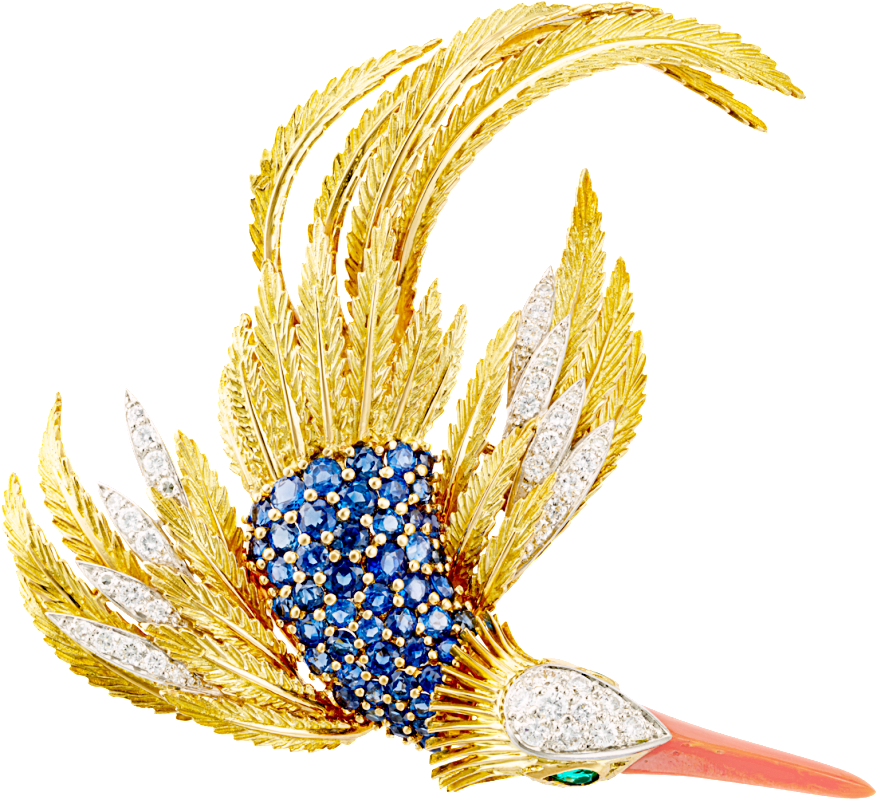 胸針，黃K金、白K金與鉑金鑲嵌珊瑚、祖母綠、藍寶石與鑽石（Cartier 紐約，1966年）。（圖片提供：Cartier）