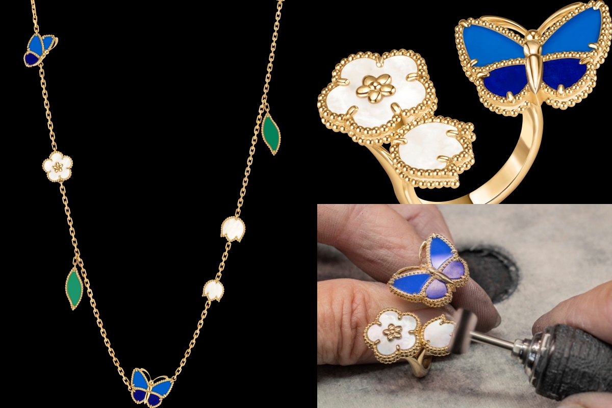Van Cleef & Arpels Lucky Spring Butterfly 長項鍊、Lucky Spring Butterfly Between the Finger 指間戒、指間戒工藝圖。（圖片提供：Van Cleef & Arpels ）