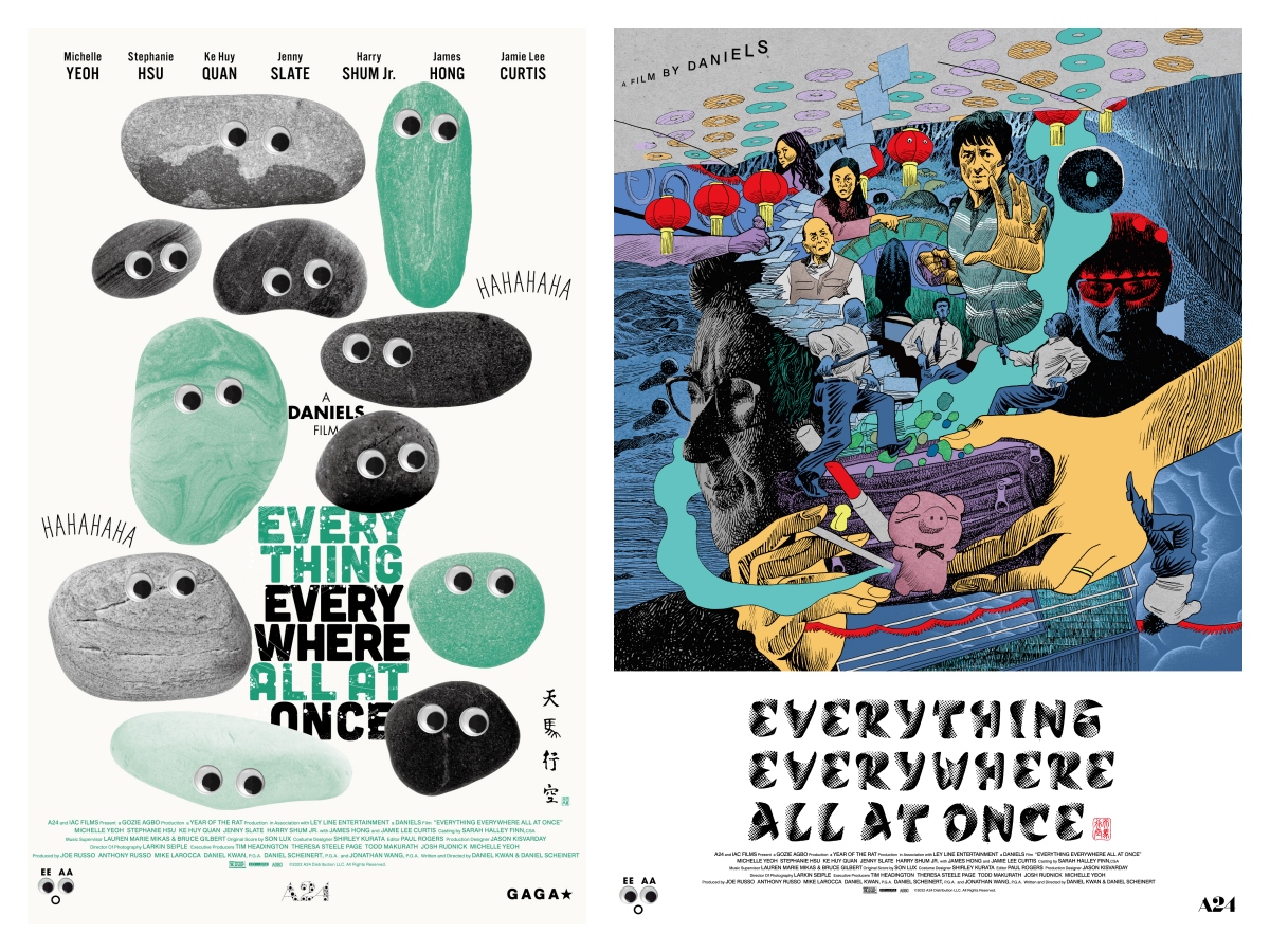 《媽的多重宇宙》每張海報的標誌和字體，都依各自風格重新設計。大島依提亜操刀的「石頭宇宙」版本（左）、本秀康繪製版本（右）。（圖片提供：大島依提亜）