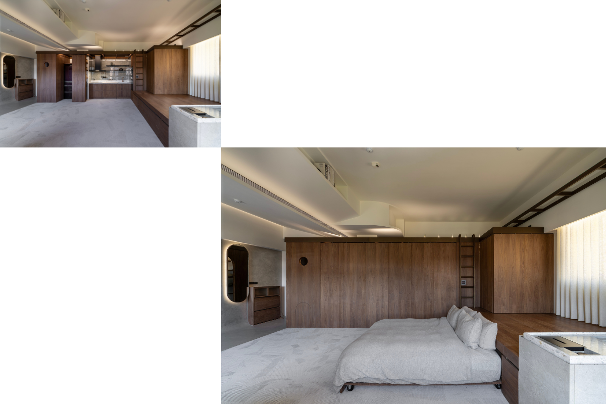 床鋪平時收納在臥榻下方，以軌道拉出後可自由變換型態成為沙發。（圖片提供：閏年設計Leap Year Design）