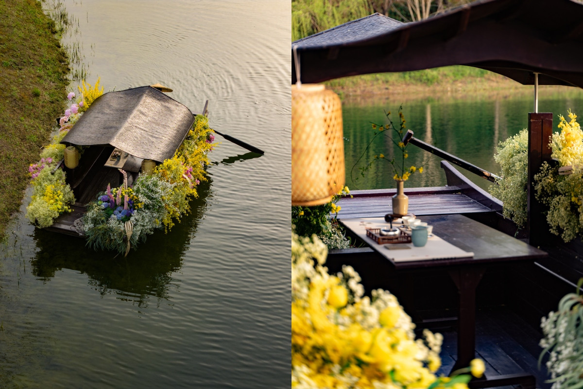 輕舟於湖面划行，遠看似一漂浮的春日花園。（圖片提供：Aman）