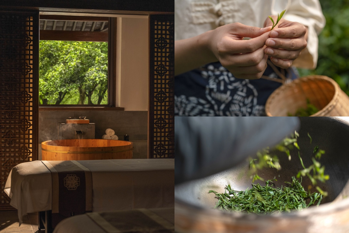 水療中心提供龍井茶浴，旅客亦可至周邊茶園進行採茶體驗。（圖片提供：Aman）