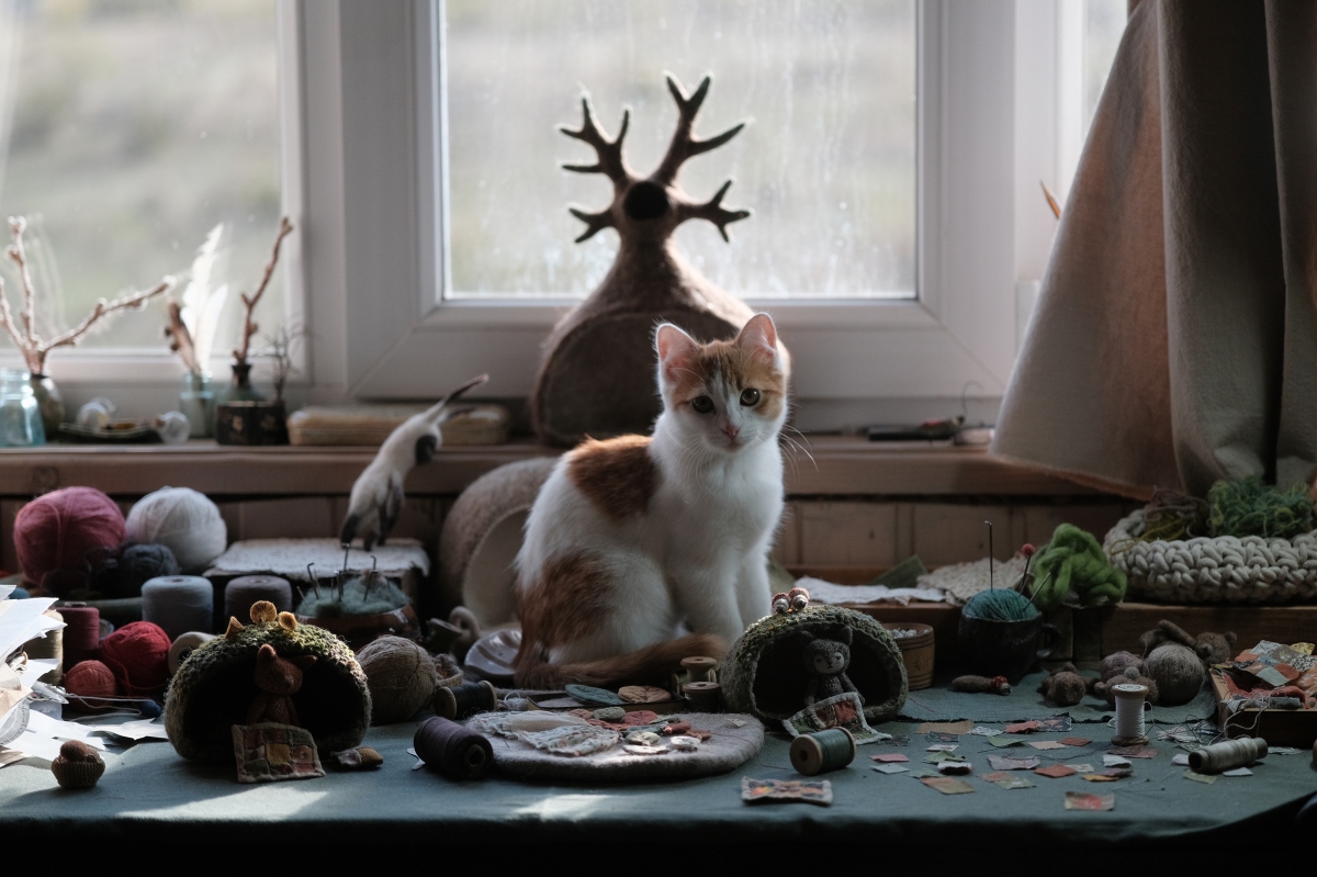 《The Alchemy of Wool》展覽期間還原Oksana創作過程中的工作桌面。（圖片提供：one little planet）