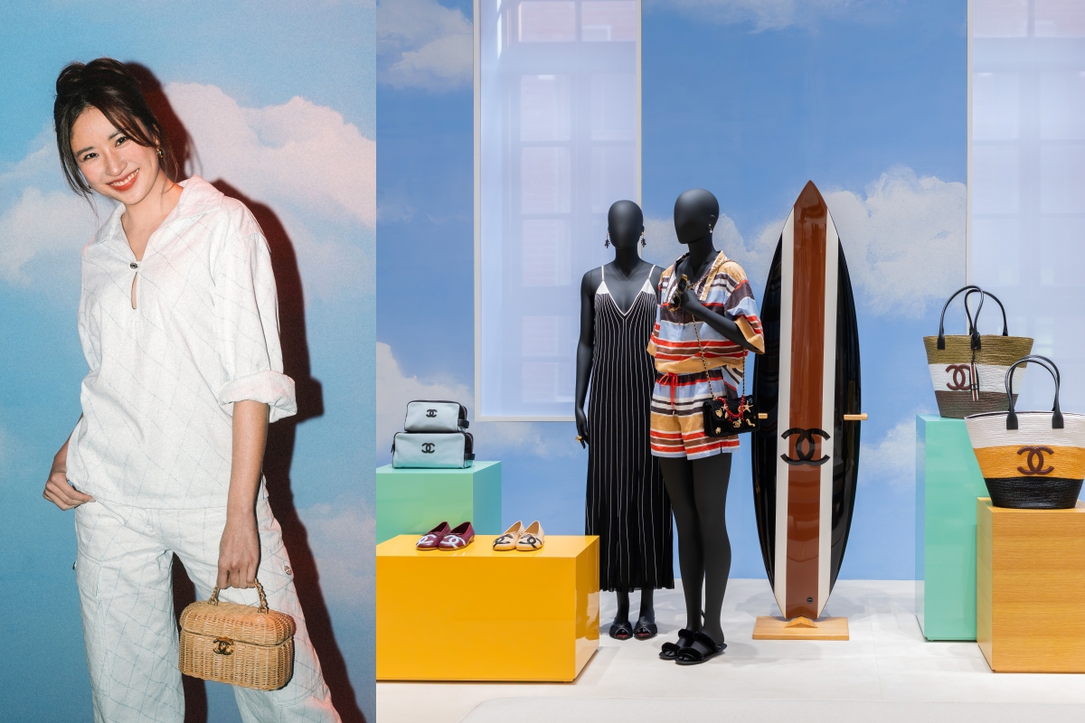 9m88身穿2026 COCO BEACH系列丹寧上衣及丹寧長褲（左）、香奈兒2026 COCO BEACH系列衝浪板為限量商品。（圖片提供：CHANEL）