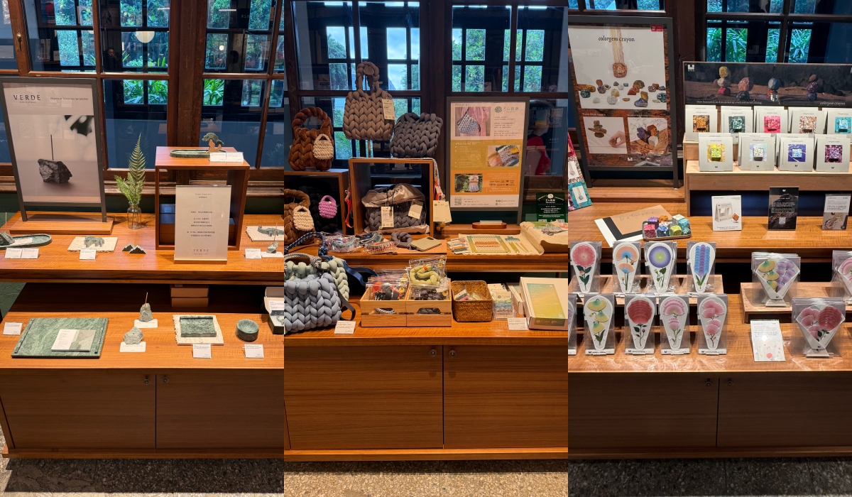 TSUTAYA BOOKSTORE 松菸店內設置專區介紹台灣創作者品牌，開幕初期展出3個品牌，圖由左至右分別為：VERDE、苦瓜織織、Studio UNTO。（攝影：Adela Cheng）