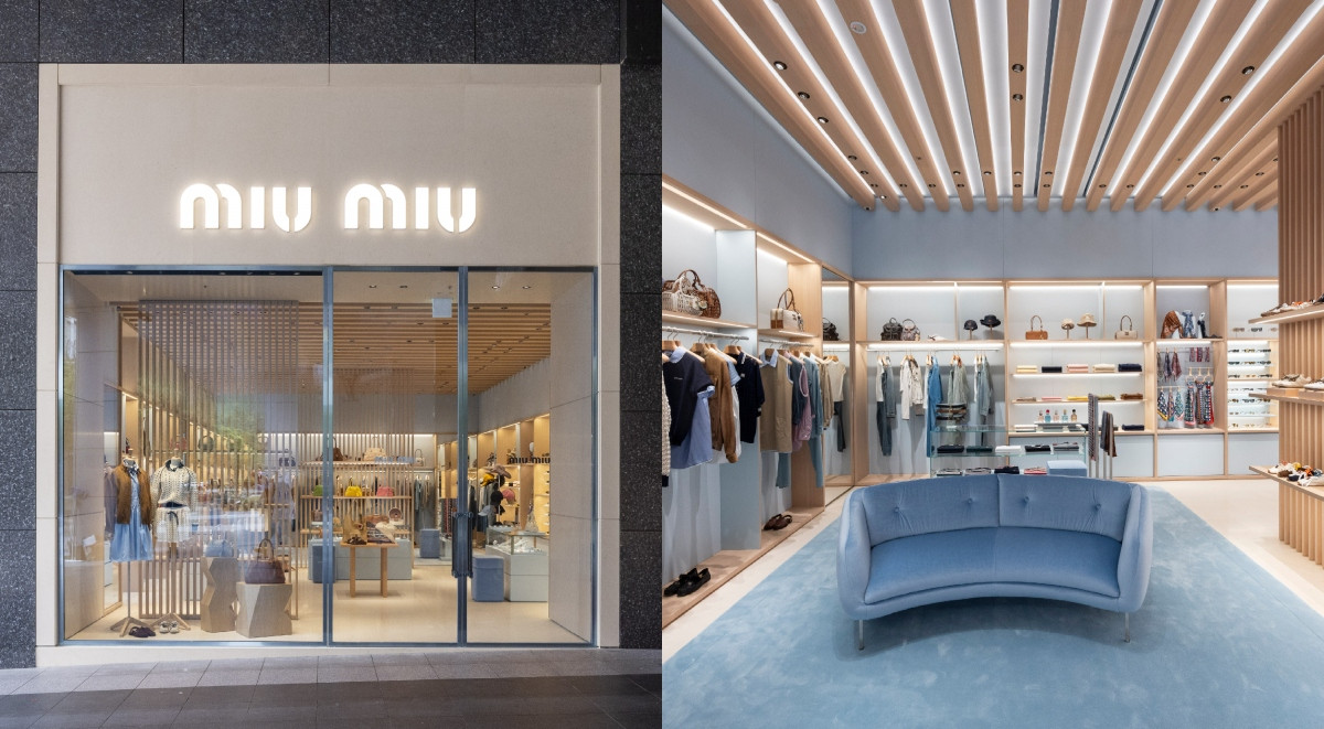 解構Miu Miu微風信義專門店店鋪設計：象牙白石材內外呼應、繆繆藍帆布強化清新感軟裝，空間語彙帶入夏日系列廣告美學