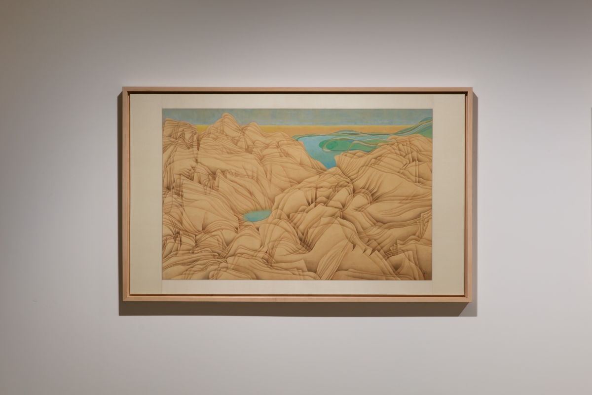 袁旃，《會走路的山》，2000，絹本重彩，91 × 144 cm。（圖片提供：北美館）