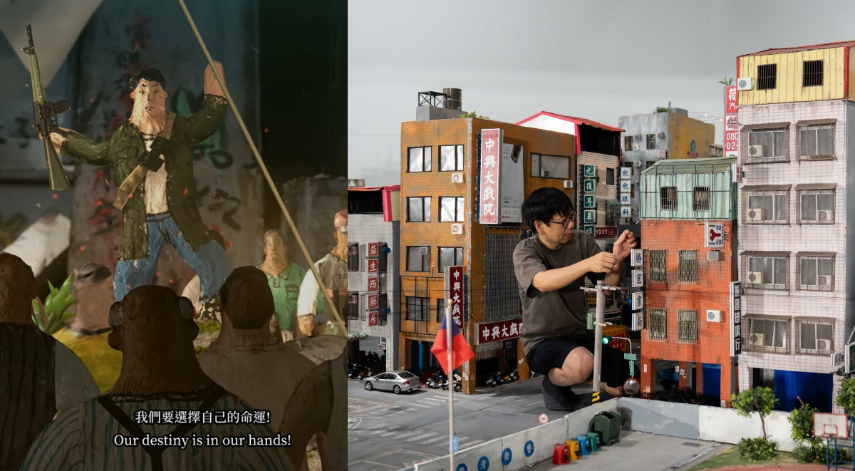 左：《戰鬥之城》第二部〈經濟奇蹟〉劇照；右：《Re：戰鬥之城》展出中，藝術家張立人正調整城市模型。（圖片提供：張立人、內惟藝術中心）