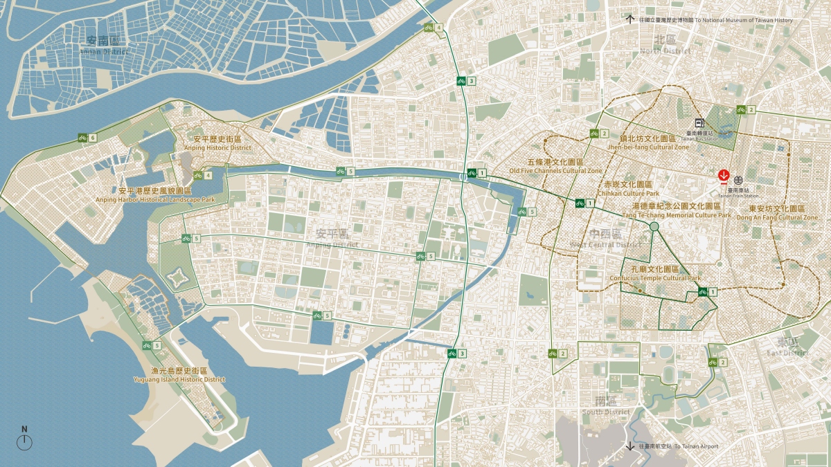 P&L 導入 QGIS 建立可持續更新的城市地圖系統，並結合建築圖騰設計，形成專屬於臺南的地圖視覺語言。（圖片提供：Path & Landforms）