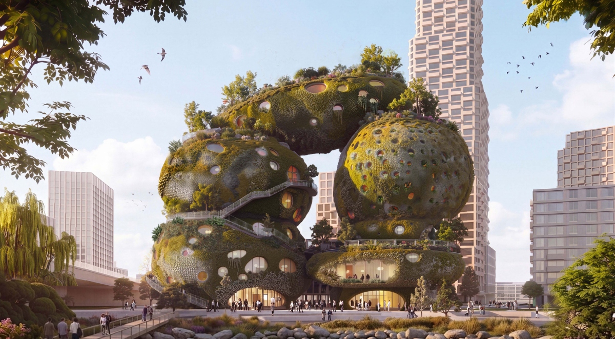 MVRDV操刀鹿特丹巨石建築「Shift Embassy」！以生物托邦為概念，打造合展覽、旅宿、綠意的垂直生態建築
