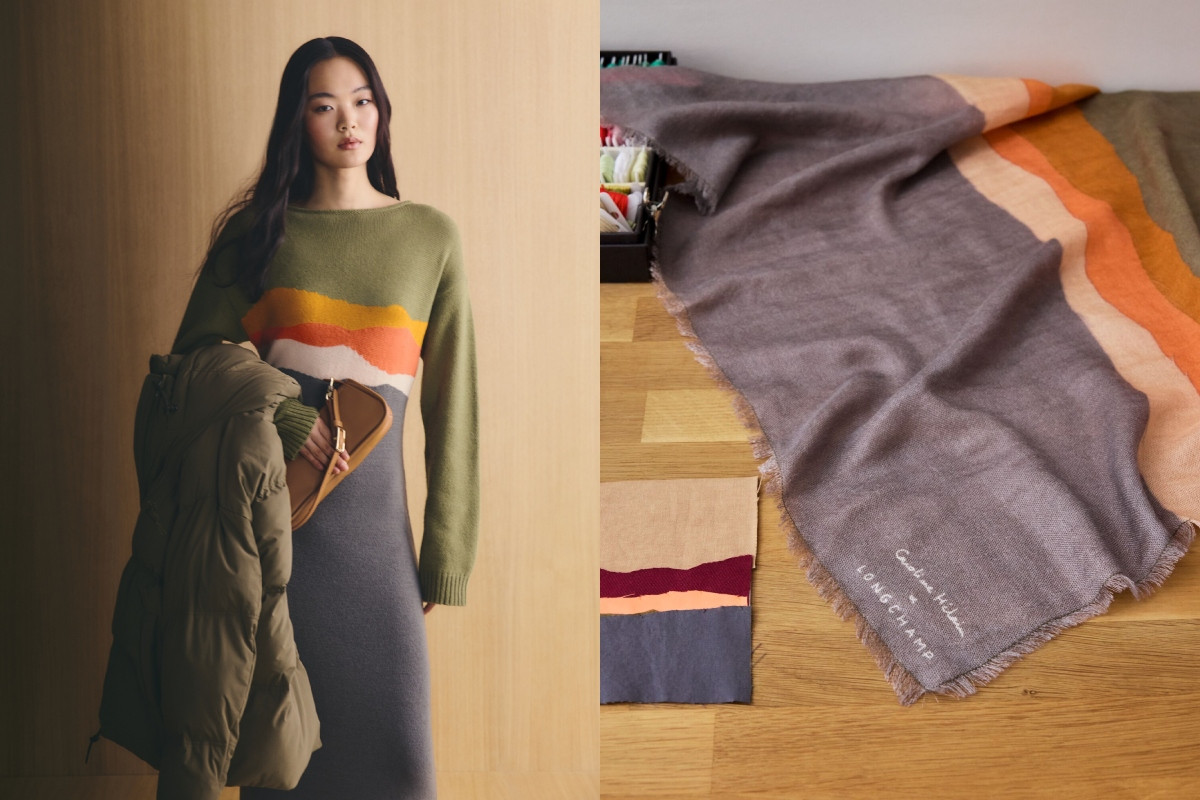 連身裙（礦物色），參考價格 NT$26,800；絲質圍巾（礦物色），參考價格 NT$13,200。（圖片提供：Longchamp）