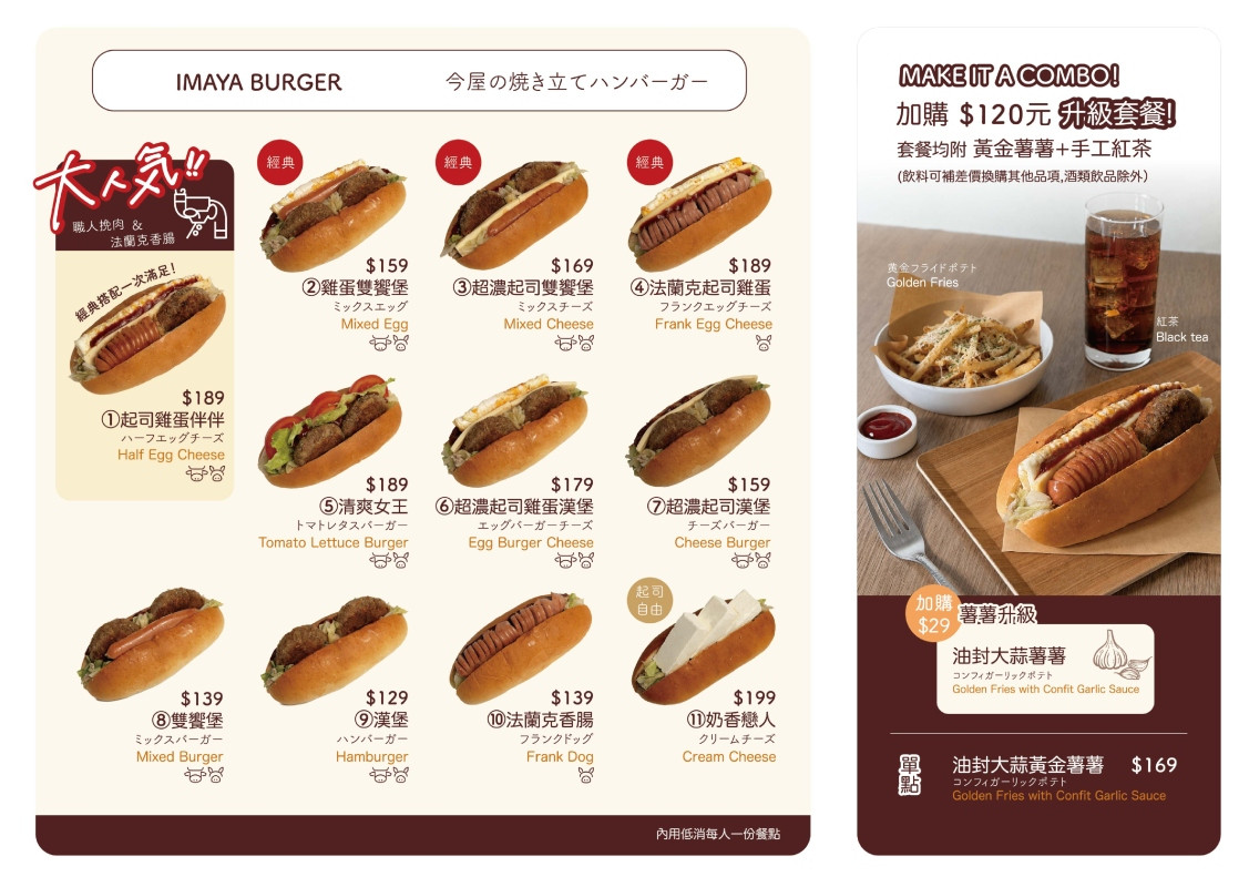 台灣店菜單共含11種口味漢堡。（圖片提供：今屋のハンバーガー台灣）