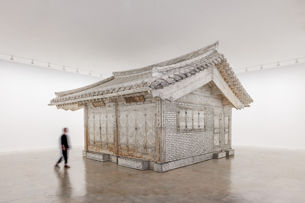 Rubbing/Loving: Seoul Home, 2013–2022, Graphite on mulberry paper, stainless steel wires, LED lighting, 534 × 866 × 802.5 cm, Installation view at Museum of Contemporary Art Sydney, 2022
