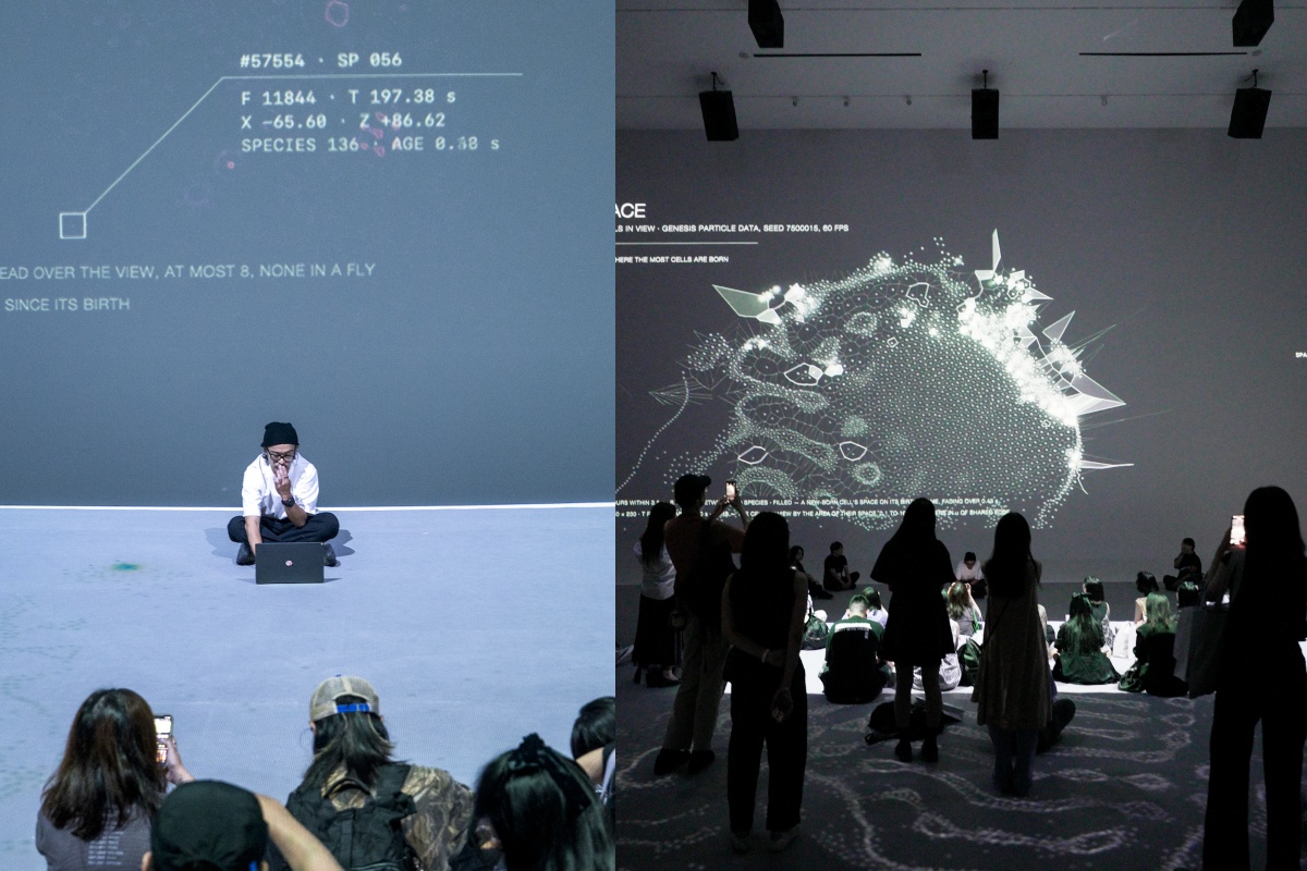 真鍋大度於《關係時態》展覽室A進行開幕演出。（攝影：劉薳粲；圖片來源：臺中市立美術館）